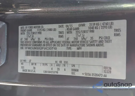 2015 Ford Escape Se z USA, uszkodzony, nr VIN 1FMCU9GX2FUC33710